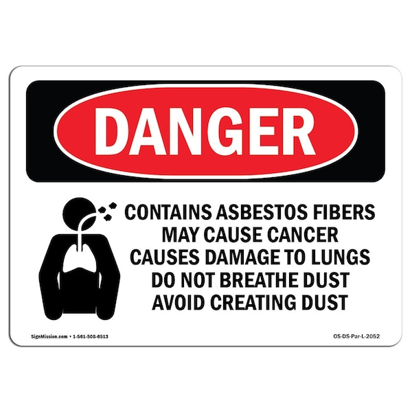 Safety Sign, OSHA Danger, 7" Height, 10" Width, Aluminum, Contains Asbestos Fibers, Landscape
